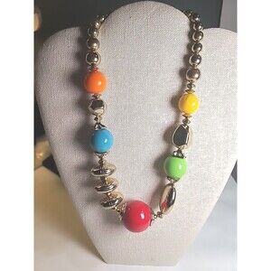 Vintage Colorful Beaded Necklace Blue Orange Green Green Red Gold Tone Beads 18”